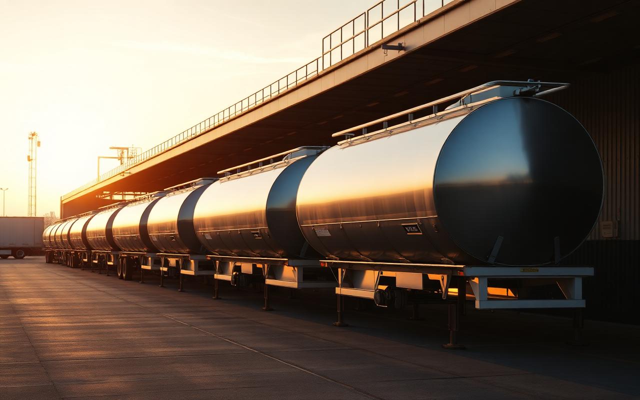 Fleet of stainless steel chemical tank trailers staged at a Matlack logistics yard